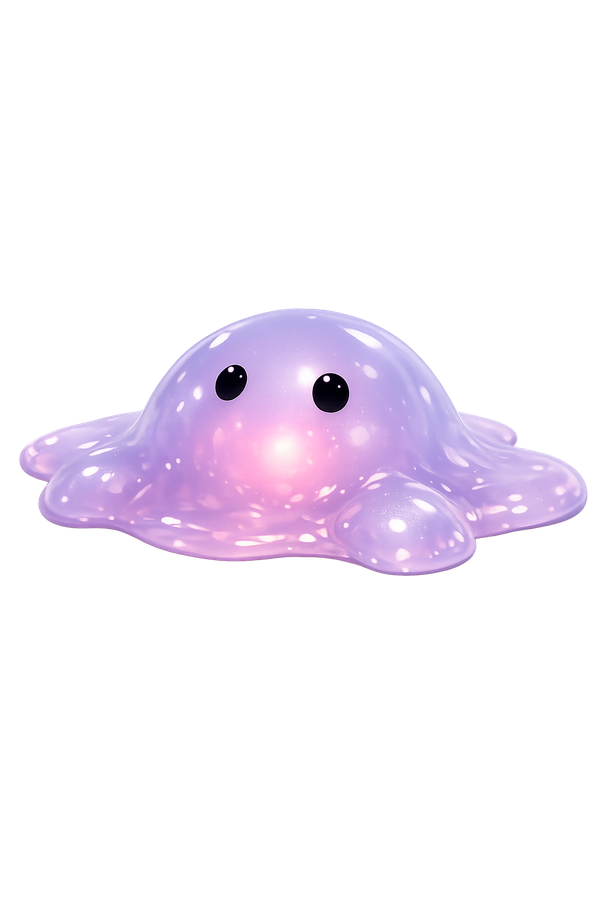 Jelly mascot melted flat and looking upward with wide dark eyes