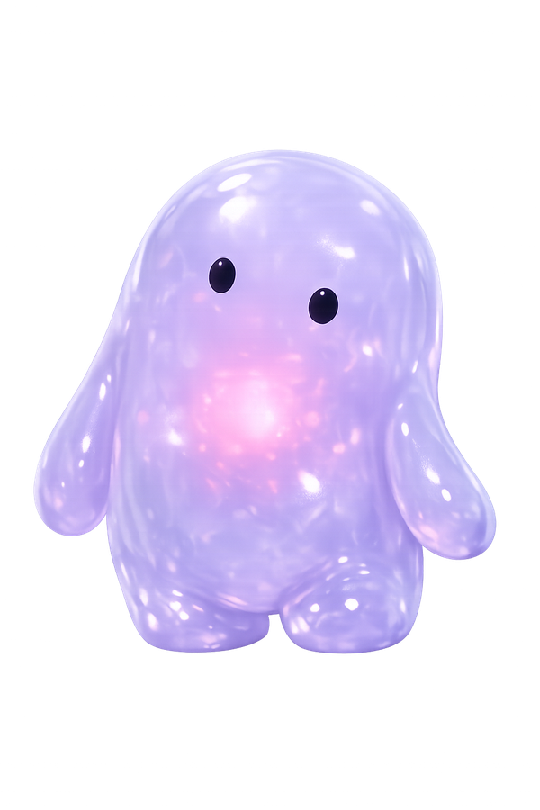 Jelly mascot standing upright, swaying gently, lavender translucent body with pink glow